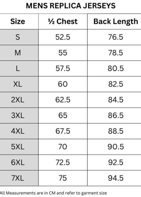 A size chart table for mens replica jerseys showing sizes S through 7XL, with columns for 1/2 chest and back length measurements in CM.
