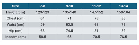 A size chart table with columns for sizes 7-8, 9-10, 11-12, and 13-14, showing height, chest, waist, hip, and inseam measurements in centimeters.