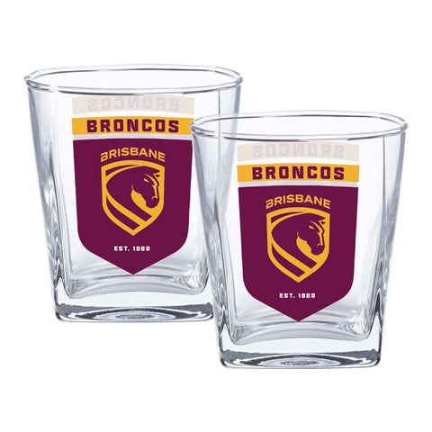 Two clear glass tumblers with Brisbane Broncos branding, featuring a maroon and gold shield logo and 'BRONCOS' text on a white background.