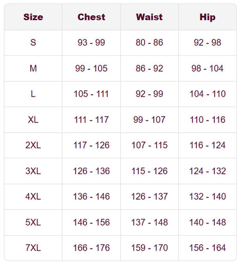 A size chart table showing measurements for sizes S through 7XL, with columns for Size, Chest, Waist, and Hip.