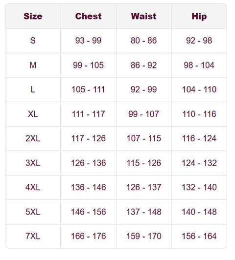 A size chart table with columns labeled Size, Chest, Waist, and Hip, showing size ranges from S to 7XL in dark red text on a white background.