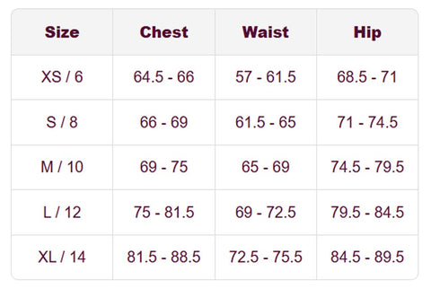 A size chart table showing measurements forXS / 6, S / 8, M / 10, L / 12, and XL / 14 in chest, waist, and hip ranges.