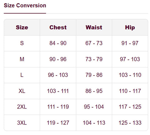 A size conversion chart with a table showing chest, waist, and hip measurements for sizes S through 3XL.