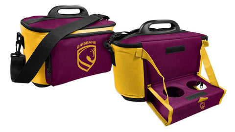 Two views of a purple and yellow insulated cooler bag with a black handle and shoulder strap. One view shows the closed cooler with a yellow Brisbane Broncos logo, and the other shows the open cooler with a pull-out drink holder tray.