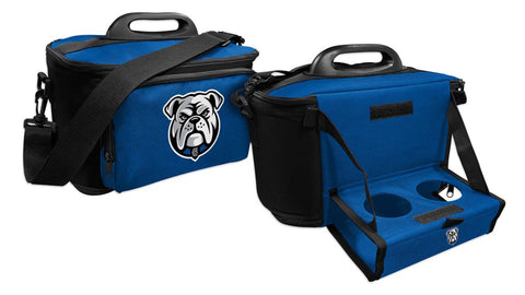 Two blue and black insulated cooler bags shown on a white background, one closed with a bulldog logo on the front and one open showing a built-in drink holder and cup holders.