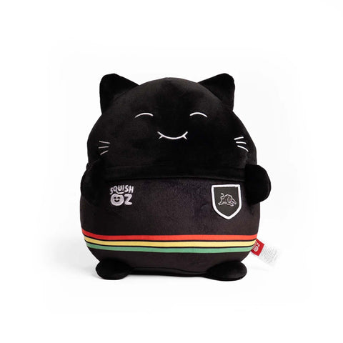 Black panther stuffed toy with small Penrith Panthers logo and team colour stripes