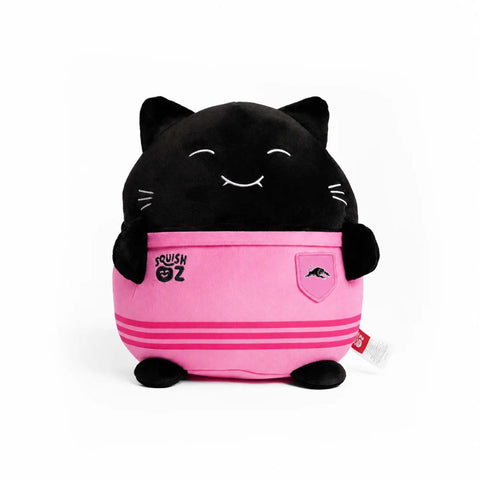 A black panther plush toy wearing a pink sweatshirt with 'CRUSH EZ' text and a small Penrith Panthers logo, photographed against a plain white background.