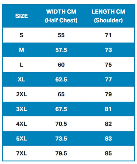 A size chart table showing measurements for clothing sizes S through 7XL, with columns for SIZE, WIDTH CM (Half Chest), and LENGTH CM (Shoulder). The table has blue headers and alternating blue and white rows with black text.