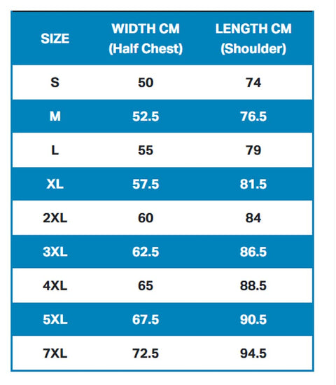 A size chart table with columns labeled SIZE, WIDTH CM (Half Chest), and LENGTH CM (Shoulder). The chart lists sizes S through 7XL with corresponding measurements in blue and white rows.
