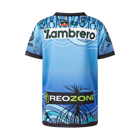 A short-sleeve cycling jersey shown from the back, featuring a blue gradient design with black and white graphics, 'Lambrero' sponsor branding across the upper back, and 'REOZONE' branding near the lower back.