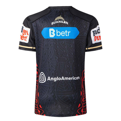 A black and dark gray patterned sports jersey with red flame details at the bottom, featuring sponsor logos including 'Betr', 'AngloAmerican', and 'BUANGAN' on the front.