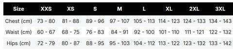 A size measurement chart for apparel, showing height and weight ranges in centimeters and inches for sizes XXS through 3XL, with chest, waist, and hips columns.