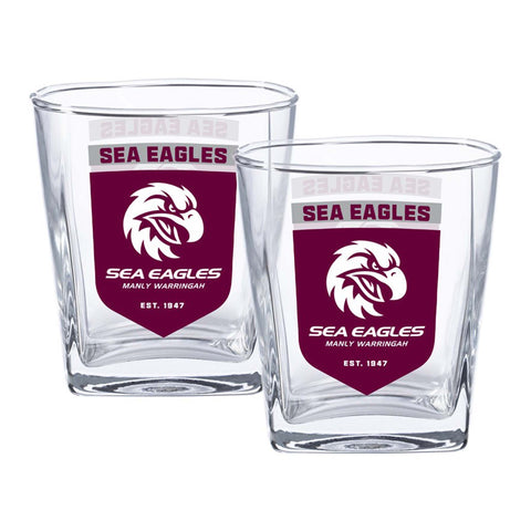 Two clear glasses with Sea Eagles logo and text on a white background