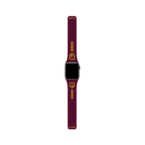 Smartwatch with a maroon band featuring a logo on a white background