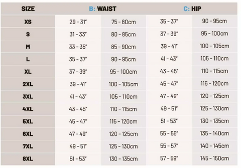 A size chart table showing measurements for sizes XS through 8XL, with columns labeled SIZE, B: WAIST, and C: HIP in centimeters and inches.