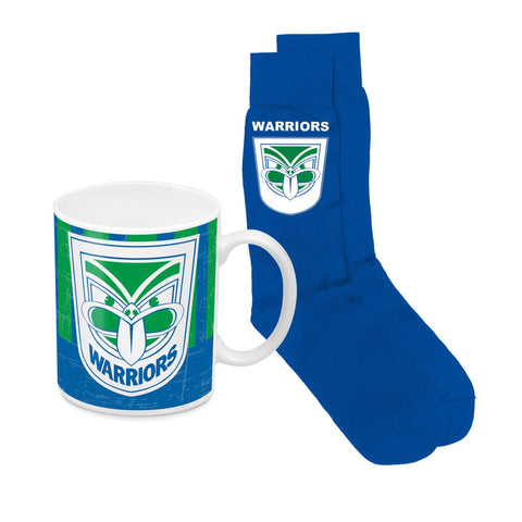 Blue and green mug and blue socks both with New Zealand Warriors logo