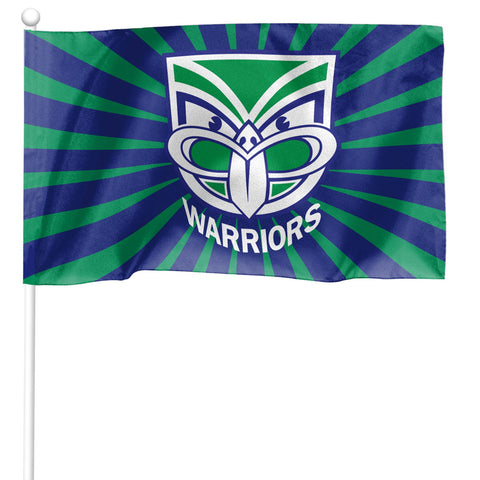 Flag with 'Warriors' logo on a blue and green striped background