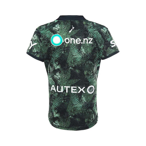 A short-sleeve Rugby League jersey with a dark green and black fern leaf pattern, featuring white sponsor logos including 'one.nz' and 'AUTEXO' on the back.