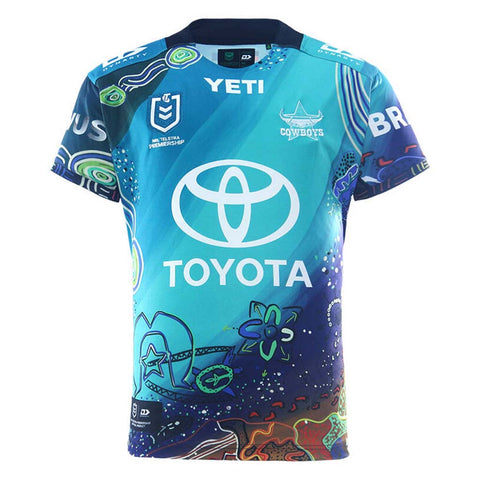 A short-sleeve north qld cowboys indigenous jersey with a blue and teal gradient design, featuring the Toyota logo in white on the front, the Cowboys team crest, and YETI branding on the chest