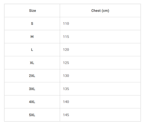 A size chart table showing sizes S through 5XL with corresponding chest measurements in centimeters on a white background.