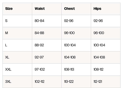 A size chart table showing waist, chest, and hip measurements by size: S, M, L, XL, XXL, and 3XL.