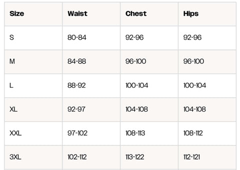 A size chart table showing waist, chest, and hip measurements by size from S to 3XL.
