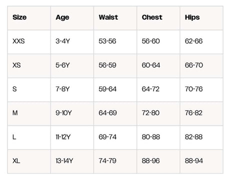A size chart table with columns for Size, Age, Waist, Chest, and Hips, showing measurements for XXS, XS, S, M, L, and XL.