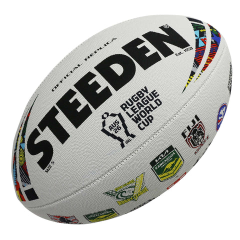 A white rugby ball with 'STEEDEN' printed in large black letters, featuring rugby league World Cup 2026 branding and various team logos, shown on a plain white background.