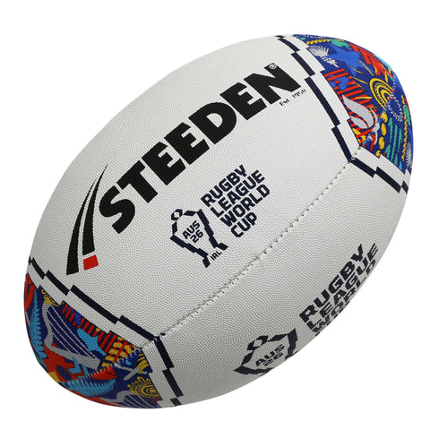 A white rugby ball featuring the 'STEEDEN' brand name in bold black letters, the 'Rugby League World Cup AUS 2026' logo, and colourful decorative patterns on the ends.