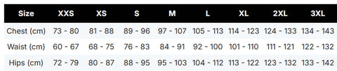A size measurement chart for apparel showing chest, waist, and hip measurements by size categories from XXS to 3XL.