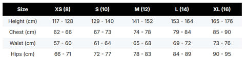 A size chart table showing height, chest, waist, and hips measurements in centimeters for sizes XS (8) through XL (16), with columns labeled Size, XS (8), S (10), M (12), L (14), and XL (16).
