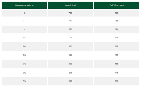 A size measurement chart with three columns: Measurements (cm), Length (cm), and Full Width (cm). The header row is dark green, and the table rows alternate between white and light gray.