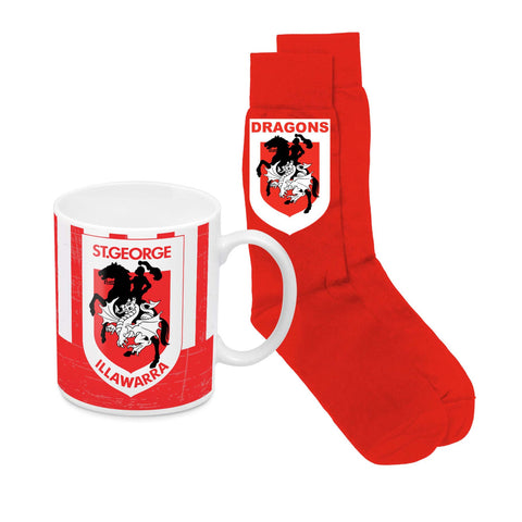 A St George Illawarra soccer-themed gift set featuring a white ceramic mug and a pair of red crew socks, both printed with the club's crest.