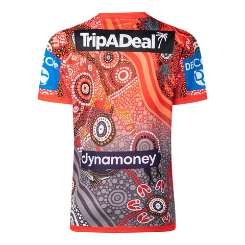 A short-sleeve athletic jersey with a vibrant Aboriginal-inspired dot art pattern in red, orange, gray, and black, featuring sponsor logos including 'TripADeal' and 'dynamoney' on the back.