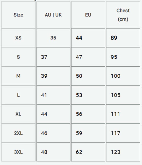 A size chart table showing chest measurements in centimeters by size category, with columns for Size, AU | UK, EU, and Chest (cm).