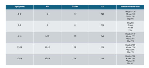 A size chart table with columns for Age (years), AU, US/UK, EU, and Measurements (cm), showing height and waist measurements for different age groups.