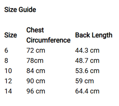 A size guide table showing chest circumference and back length measurements for sizes 6, 8, 10, 12, and 14 on a white background.