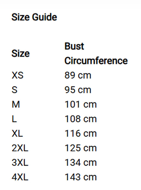A size guide chart listing sizes XS through 4XL with corresponding bust circumferences in centimeters on a white background.