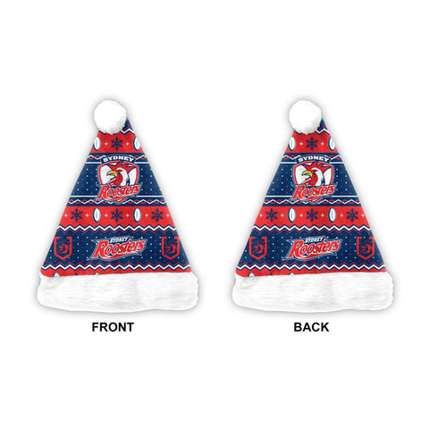 Front and back views of a Sydney Roosters themed Christmas Santa hat on a white background. The hat features a navy blue and red holiday knit pattern with the Sydney Roosters logo, white trim, and a white pom-pom on top.