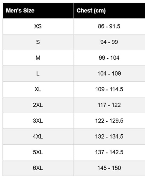 A size chart table for men's clothing showing chest measurements in centimeters for sizes XS through 6XL, with a black header and alternating light gray and white rows.