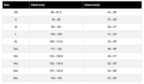 A size chart table showing chest measurements in centimeters and inches for sizes XS through 6XL, with a black header and alternating light gray and white rows.