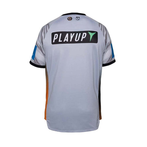 The back of a light gray short-sleeve athletic jersey with 'PLAYUP' printed in white on a black sponsor block across the upper back, with blue and orange side accents and black sleeve trim.