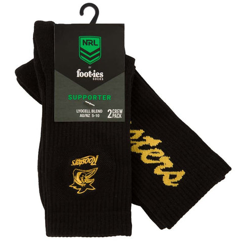 Black socks with yellow logo and text, featuring a 'footies' brand label on a white background.