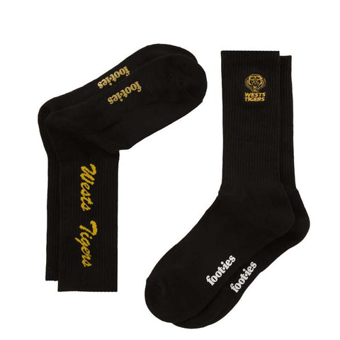 Black socks with gold and white text on a white background