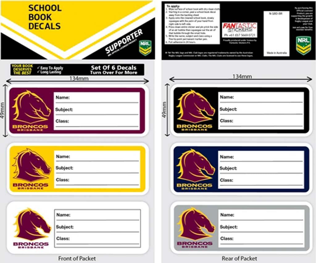 Brisbane Broncos School Book Decals 6pk - Jerseys Megastore
