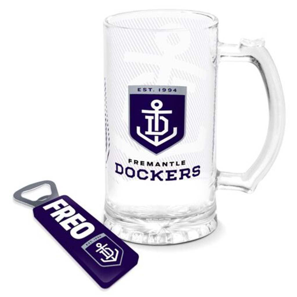 Fremantle Dockers Stein Glass & Magnetic Bottle Opener Pack - Jerseys Megastore