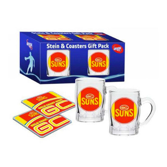Gold Coast Suns Set of 2 Stein Glass and Coaster Gift Pack - Jerseys Megastore
