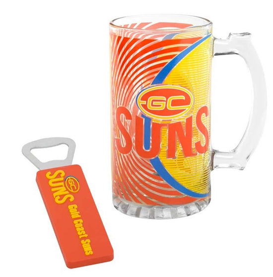 Gold Coast Suns Bottle Opener and Stein Glass - Jerseys Megastore