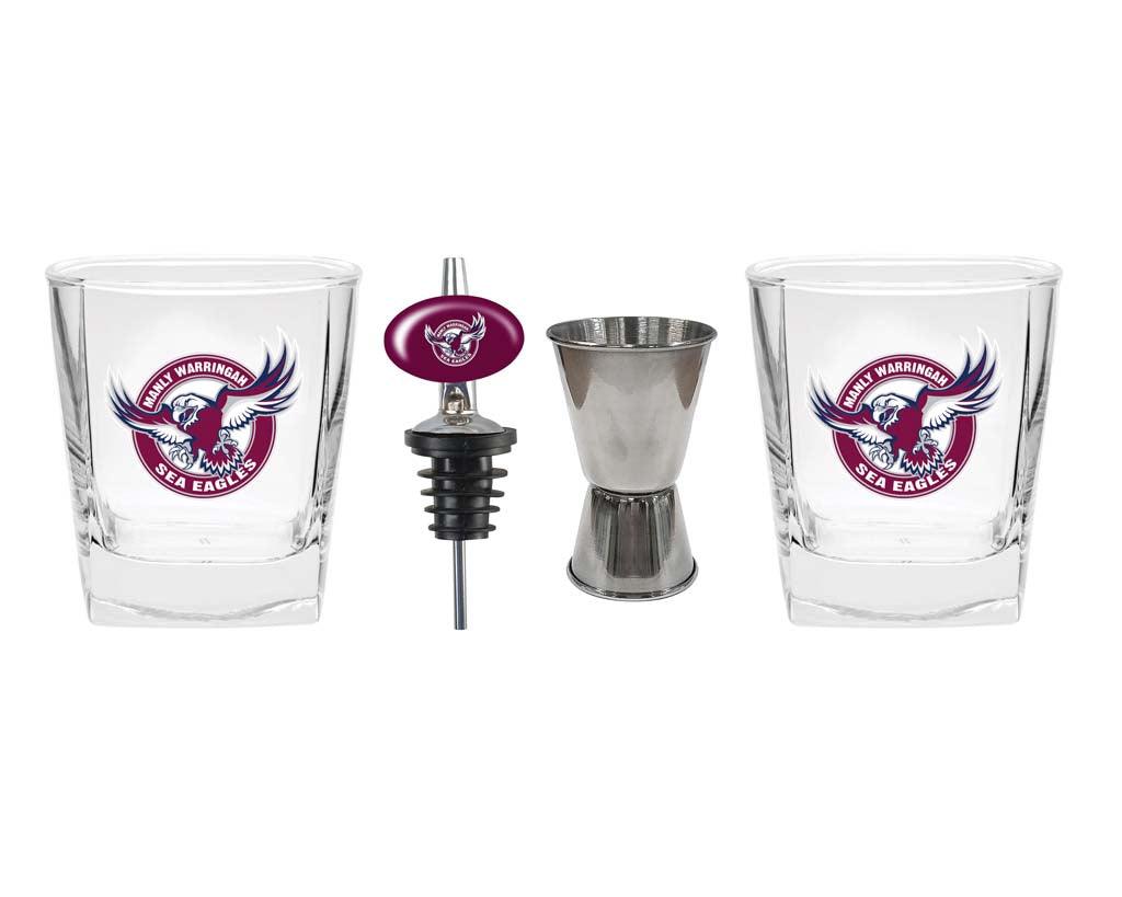 Manly Sea Eagles Set of 2 Spirit Glasses, Jigger and Pourer - Jerseys Megastore