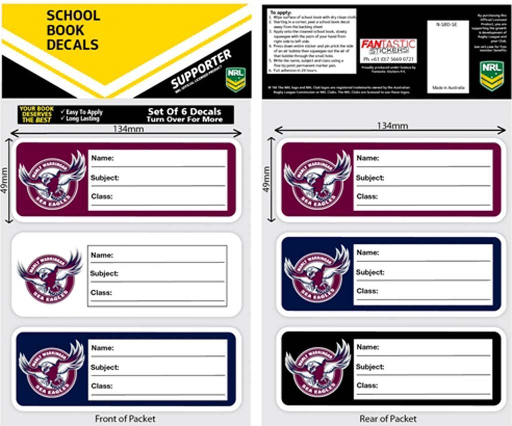 Manly Sea Eagles School Book Decals 6pk - Jerseys Megastore